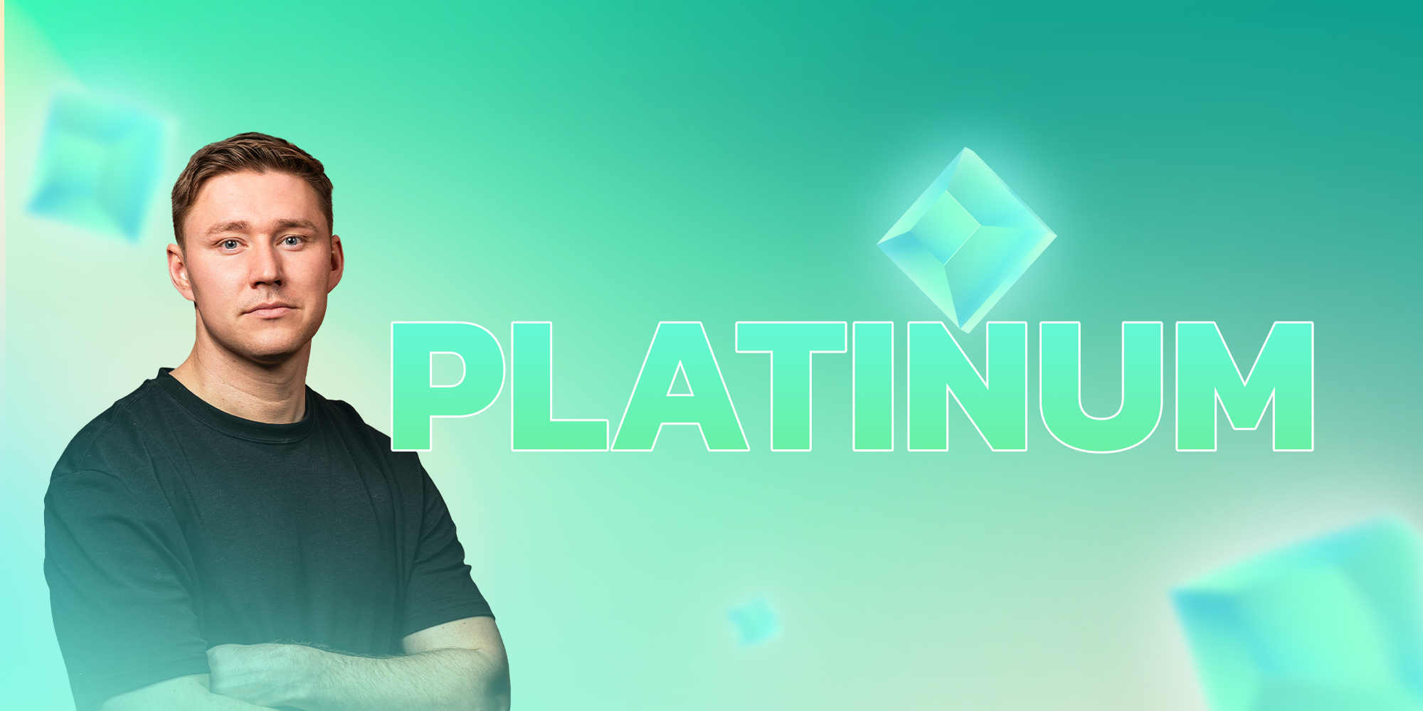 Image displaying the word Platinum. An guy standing next to the text with gems flying around him in a bright green light.